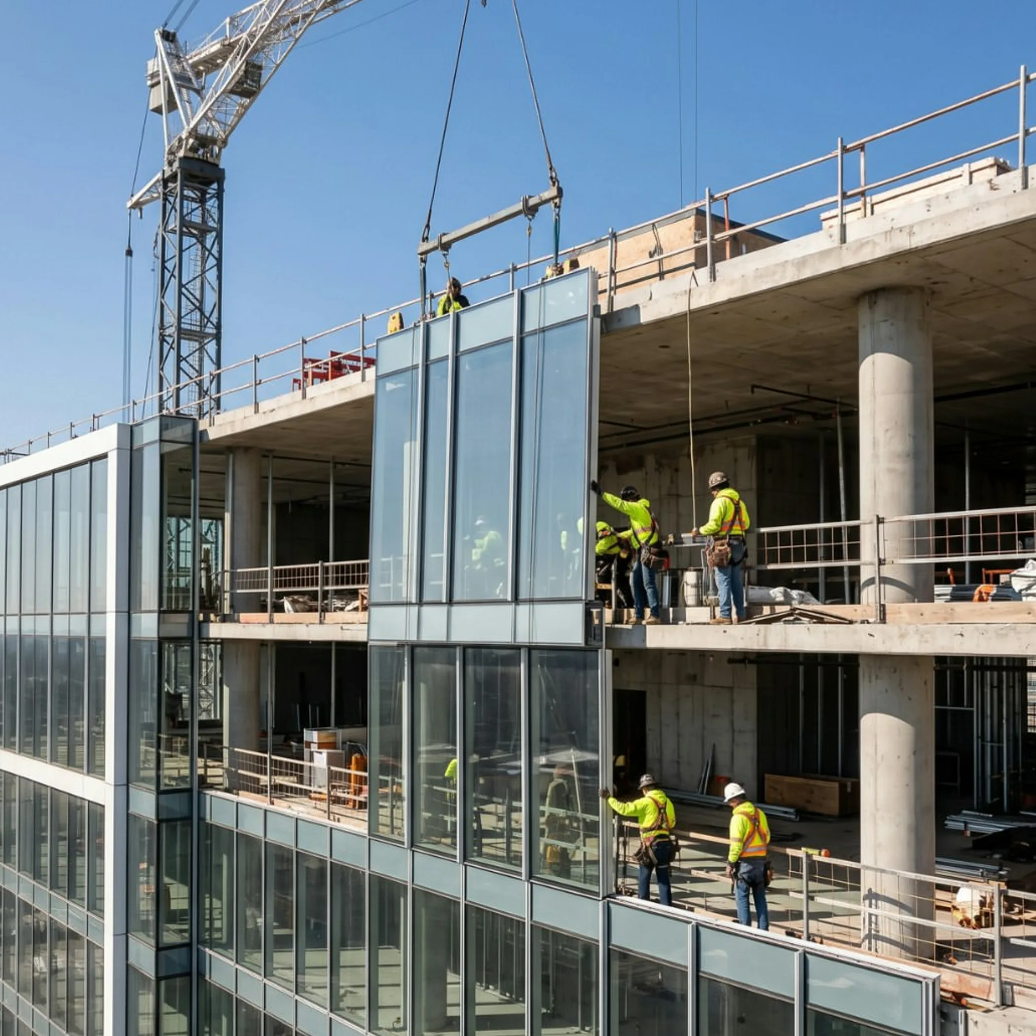 curtain-wall glazing installation on tower